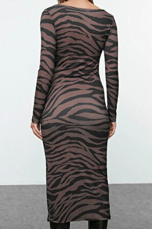 Kadın Moda Maxi Boy Bisiklet Yaka Slim Animal Zebra Baskılı Fitted Vücuda Oturan Esnek Örme Elbise