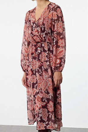 Kadın Moda Şık Midi Boy Kruvaze Relaxed Çiçekli Yaka A Kesim Şifon Astarlı Dokuma Elbise