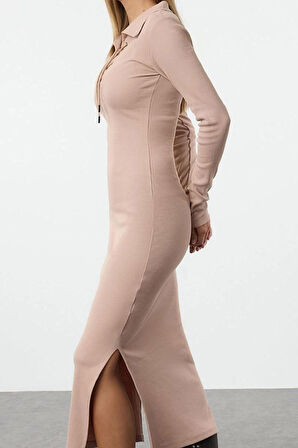 Kadın Moda Şık Midi Boy Polo Yaka Slim Kuşgözü Bağlama Detaylı Vücuda Oturan Fitilli Esnek Elbise