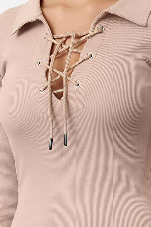 Kadın Moda Şık Midi Boy Polo Yaka Slim Kuşgözü Bağlama Detaylı Vücuda Oturan Fitilli Esnek Elbise