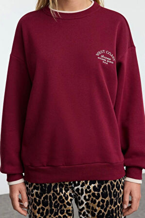Kadın Moda Bol Bisiklet Yaka Düşük Kol Uzun Slogan Nakışlı Kalıp Kalın İçi Polarlı Örme Sweatshirt