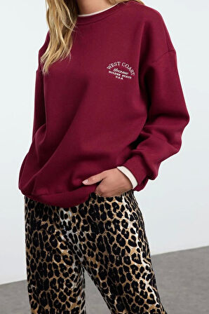 Kadın Moda Bol Bisiklet Yaka Düşük Kol Uzun Slogan Nakışlı Kalıp Kalın İçi Polarlı Örme Sweatshirt
