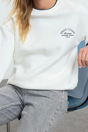 Kadın Moda Bol Bisiklet Yaka Düşük Kol Uzun Slogan Nakışlı Kalıp Kalın İçi Polarlı Örme Sweatshirt