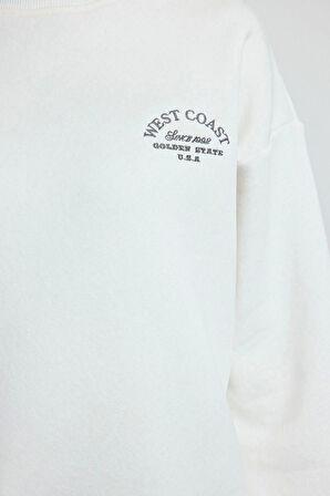 Kadın Moda Bol Bisiklet Yaka Düşük Kol Uzun Slogan Nakışlı Kalıp Kalın İçi Polarlı Örme Sweatshirt