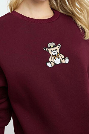 Kadın Moda Şık Relaxed Bisiklet Yaka Düşük Kol Regular Rahat Kalıp Nakışlı Kalın Örme Sweatshirt