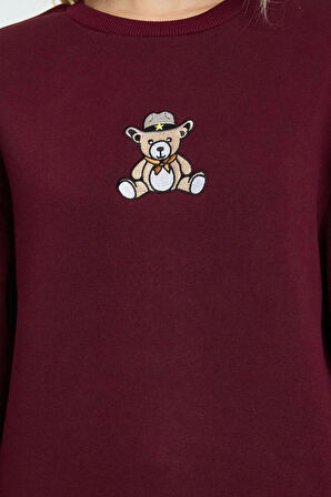 Kadın Moda Şık Relaxed Bisiklet Yaka Düşük Kol Regular Rahat Kalıp Nakışlı Kalın Örme Sweatshirt