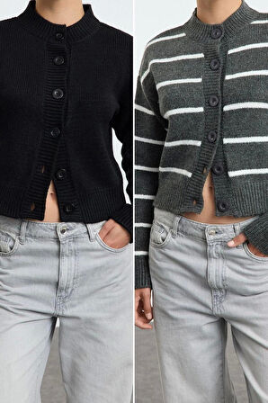 Kadın Moda Şık Regular Bisiklet Yaka Regular Yumuşak Dokulu 2li Paket Triko Hırka