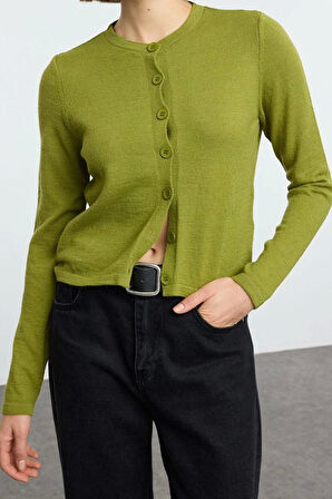 Kadın Moda Şık Regular Bisiklet Yaka Slim Yünlü Triko Hırka