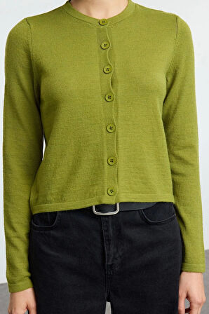 Kadın Moda Şık Regular Bisiklet Yaka Slim Yünlü Triko Hırka