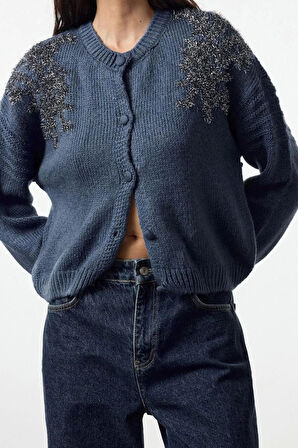 Kadın Moda Şık Regular Bisiklet Yaka Regular Oversize Yumuşak Dokulu Parlak Sim İşlemeli Triko Hırka
