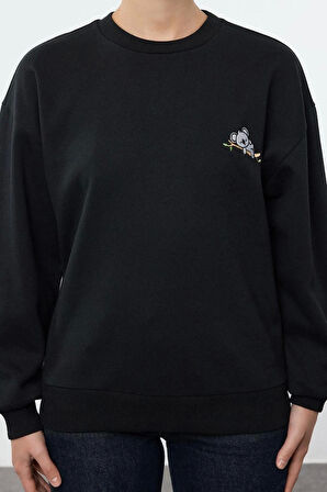 Kadın Bisiklet Yaka Standart Kol Animal Nakışlı Normal Kalıp Kalın İçi Polarlı Örme Sweatshirt
