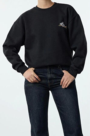 Kadın Bisiklet Yaka Standart Kol Animal Nakışlı Normal Kalıp Kalın İçi Polarlı Örme Sweatshirt