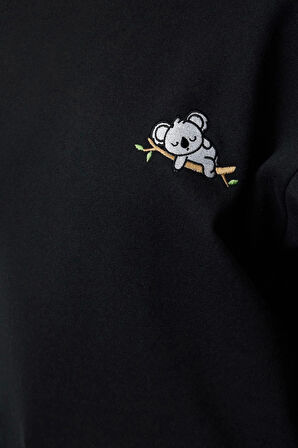 Kadın Bisiklet Yaka Standart Kol Animal Nakışlı Normal Kalıp Kalın İçi Polarlı Örme Sweatshirt