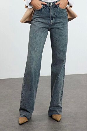 Kadın Moda Şık Kot Pantolon Geniş Paça Uzun Boy Denim Mavi Yüksek Bel Jeans