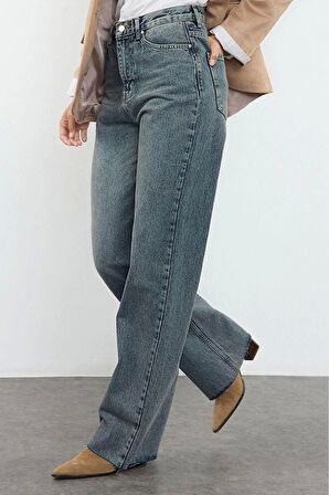 Kadın Moda Şık Kot Pantolon Geniş Paça Uzun Boy Denim Mavi Yüksek Bel Jeans