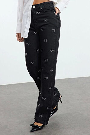 Kadın Moda Şık Kot Pantolon Geniş Paça Uzun Boy Denim Fiyonk Detaylı Yüksek Bel Jeans