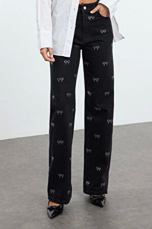 Kadın Moda Şık Kot Pantolon Geniş Paça Uzun Boy Denim Fiyonk Detaylı Yüksek Bel Jeans