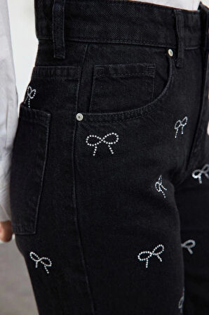 Kadın Moda Şık Kot Pantolon Geniş Paça Uzun Boy Denim Fiyonk Detaylı Yüksek Bel Jeans