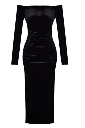 Kadın Moda Şık Midi Boy Carmen Yaka Fitted Vücuda Oturan Örme Kadife Elbise