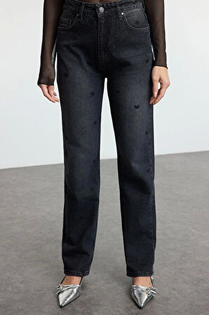 Kadın Moda Şık Kot Pantolon Boru Paça Uzun Boy Denim Kalpli Yüksek Bel Straight Jeans