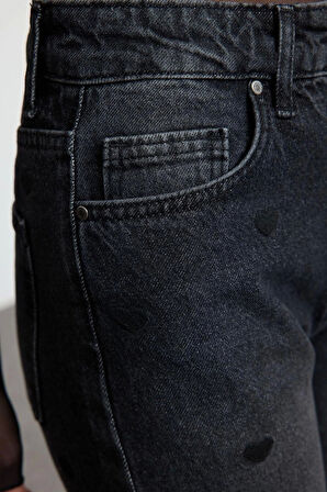 Kadın Moda Şık Kot Pantolon Boru Paça Uzun Boy Denim Kalpli Yüksek Bel Straight Jeans