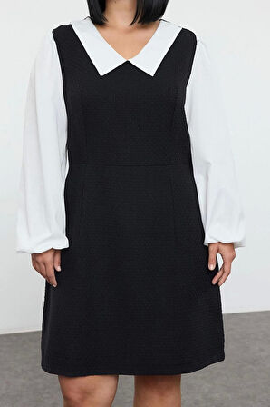 Kadın Moda Şık Büyük Beden Midi Boy Gömlek Yaka Relaxed Tüvit Dokuma Büyük Beden Elbise