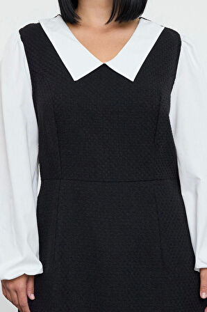 Kadın Moda Şık Büyük Beden Midi Boy Gömlek Yaka Relaxed Tüvit Dokuma Büyük Beden Elbise