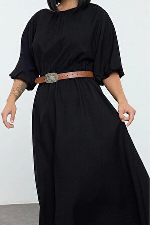 Kadın Moda Şık Büyük Beden Midi Boy Bisiklet Yaka Relaxed Dokulu Balon Kol Dokuma Büyük Beden Elbise