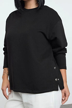 Kadın Büyük Beden Bisiklet Yaka Standart Kol Çıtçıt Detaylı Normal Kalıp Örme Sweatshirt