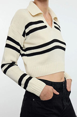 Kadın Moda Şık Polo Yaka Düşük Kol Crop Çizgili Basic Triko Kazak