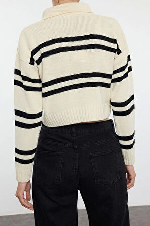 Kadın Moda Şık Polo Yaka Düşük Kol Crop Çizgili Basic Triko Kazak