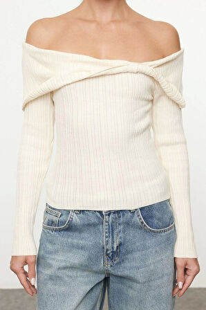 Kadın Moda Şık Carmen Yaka Standart Kol Regular Ekru001 Renk Bloklu Triko Kazak