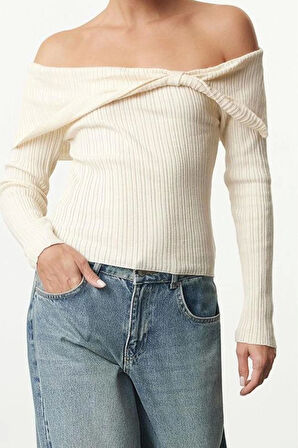 Kadın Moda Şık Carmen Yaka Standart Kol Regular Ekru001 Renk Bloklu Triko Kazak