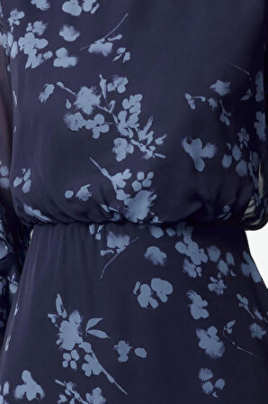 Kadın Moda Şık Midi Boy Dik Yaka Regular Çiçekli A Kesim Dokuma Kışlık Elbise