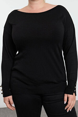 Kadın Moda Şık Büyük Beden Kayık Yaka Standart Kol Regular Kolları Düğmeli Triko Kazak