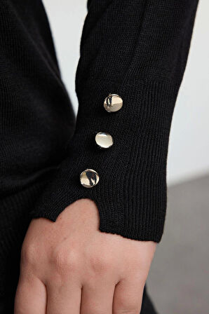 Kadın Moda Şık Büyük Beden Kayık Yaka Standart Kol Regular Kolları Düğmeli Triko Kazak