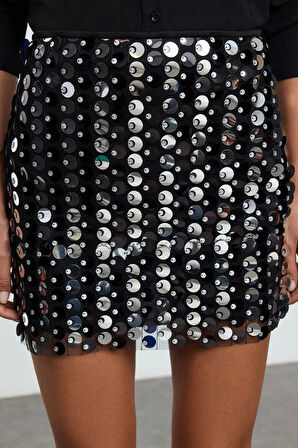 Kadın Moda Stil Mini Astarlı Örme Büyük Payetli Örme Mini Etek