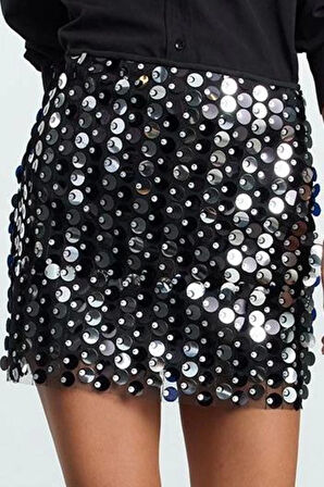 Kadın Moda Stil Mini Astarlı Örme Büyük Payetli Örme Mini Etek