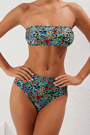 Yeni Leopar Straplez Yüksek Bel Hipster Desenli Straplez Yüksek Bel Hipster Bikini Takımı
