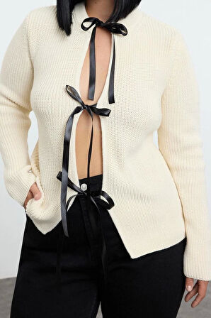 Kadın Moda Şık Büyük Beden Regular Bisiklet Yaka Regular Kurdele Bağlamalı Crop Triko Hırka