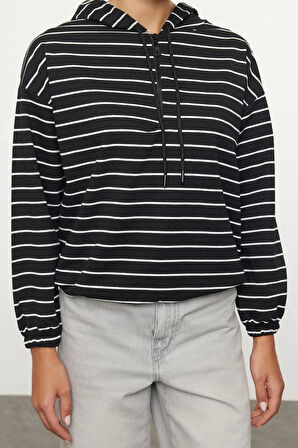 Kadın Moda Şık Regular Kapüşonlu Düşük Kol Regular Çizgili İnce Kumaş Örme Sweatshirt