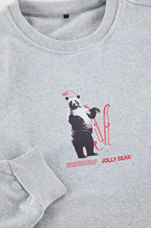 Unisex Regular Bisiklet Yaka Standart Kol Standart Gri Normal Kesim Sıcak Tutan Baskılı Sweatshirt