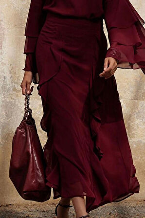 Kadın Moda Stil Midi Astarlı Dokuma Tesettür X AI Fırfır Detaylı Dokuma Etek