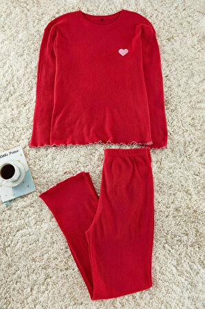 Kadın Moda Şık Büyük Beden Bisiklet Yaka Boru Paça Uzun Kol Fitilli Baskılı Örme Pijama Takımı