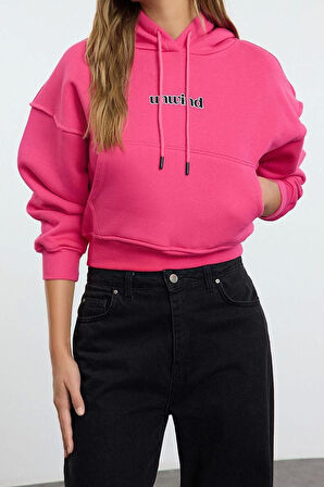 Kadın Oversize Kapüşonlu Düşük Kol Crop Slogan Baskılı Geniş Kalıp Kalın Polarlı Örme Sweatshirt