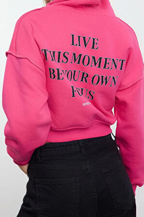 Kadın Oversize Kapüşonlu Düşük Kol Crop Slogan Baskılı Geniş Kalıp Kalın Polarlı Örme Sweatshirt