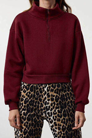 Kadın Fitted Fermuarlı Yaka Düşük Kol Crop Rahat Kesim Crop Fermuarlı Kalın Polarlı Örme Sweatshirt