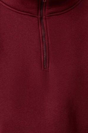 Kadın Fitted Fermuarlı Yaka Düşük Kol Crop Rahat Kesim Crop Fermuarlı Kalın Polarlı Örme Sweatshirt