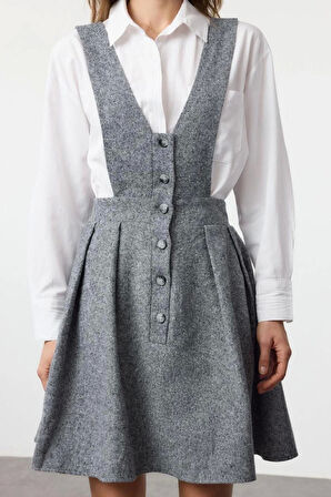 Kadın Moda Şık Mini Boy V Yaka Regular Düz Düğmeli Dokuma Elbise