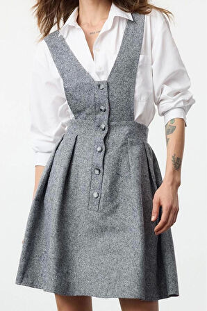 Kadın Moda Şık Mini Boy V Yaka Regular Düz Düğmeli Dokuma Elbise